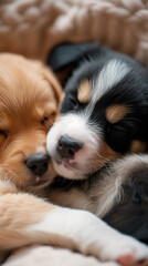 Two Cute Puppies Wrapped in a Blanket, Sleeping Peacefully Side by Side, Radiating Innocence and Contentment in Their Cozy Nest