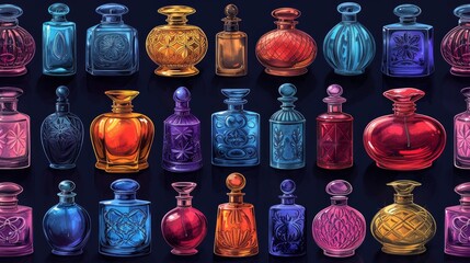 retro perfume bottles pattern - obrazy, fototapety, plakaty