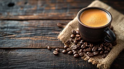 Keuken spatwand met foto Cup of coffee showcased on a wooden background. Black coffee with beans on vintage table. Copy space for text © nataliia_ptashka