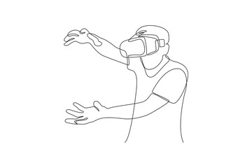 Single continuous line drawing of man playing game in virtual reality. Virtual reality game player concept one line draw design vector illustration