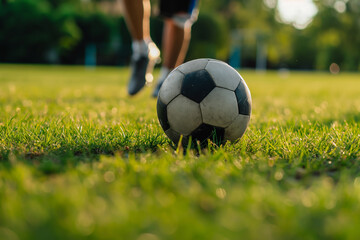 Fototapeta premium Soccer on a soccer field with grass, in the background a soccer player - theme sports and leisure