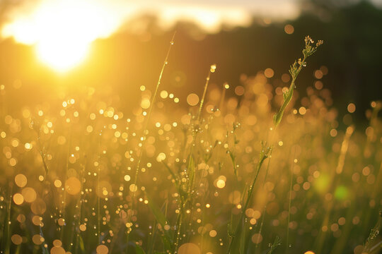 Wild meadow or grassland with dewdrops in the morning sun at sunrise in a nature reserve - theme of purity and freshness