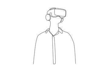 Single continuous line drawing of man trying simple vr technology. Virtual reality game player concept one line draw design vector illustration