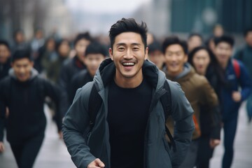 happy asian man running on the background of a crowd of people - obrazy, fototapety, plakaty