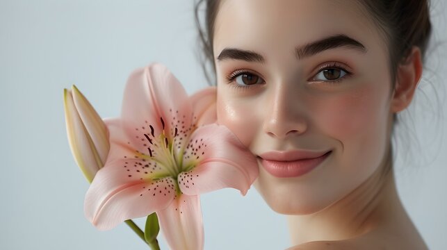 Young woman posing with a lily flower, symbolizing purity and tenderness. perfect for beauty and skincare ads. natural light portrait. AI