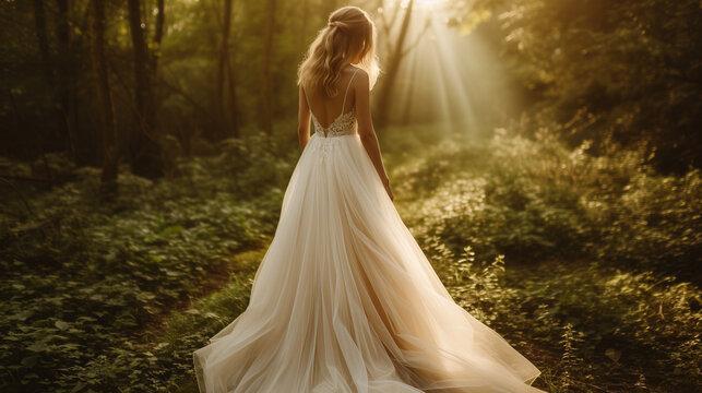 Romantic wedding dress photo shoot, flowy tulle gown with a long train, golden hour sunlight casting a warm glow, whimsical forest location enhancing the fairy tale feel