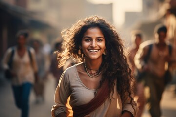 happy indian woman running on the background of a crowd of people - obrazy, fototapety, plakaty