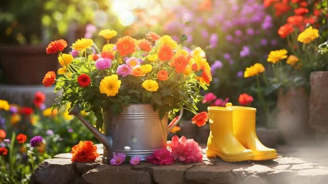 A vibrant garden with colorful flower arrangements in full bloom and many fluttering butterflies, Smooth looping 4K video background.
