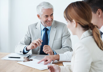 Contract, policy and people in meeting with paperwork, contract and lawyer with advice for...