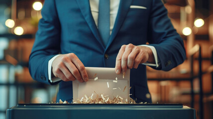 Close-up of executive male hands destroying private, financial, business and economic documents with a shredding machine - obrazy, fototapety, plakaty