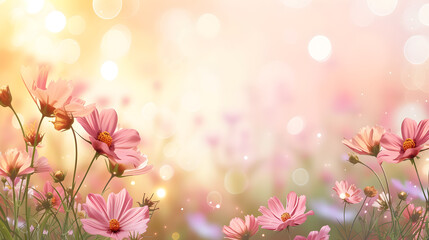 Obraz na płótnie Canvas A field of cute, bright flowers on a soft pastel background.