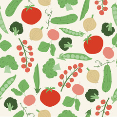 Vegetable trendy creative  cjlorful seamless pattern. Hand drawn, flat scandinavian style, manual art. Healthy nutrition, organic food. Vector illustration.