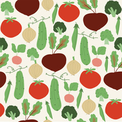 Vegetable trendy creative  cjlorful seamless pattern. Hand drawn, flat scandinavian style, manual art. Healthy nutrition, organic food. Vector illustration.