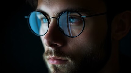 Fototapeta na wymiar Close-up portrait of a thoughtful man with glasses, reflecting on life. moody lighting, introspective mood. artistic style for creative projects. AI
