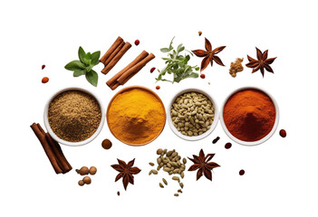 Set spices pile oregano red paprika powder turmeric cinnamon ginger isolated on white background top - Powered by Adobe