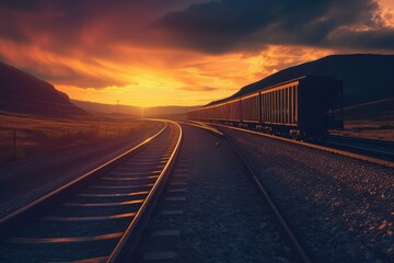 Fototapeta premium A train is driving on train railroad tracks at sunset.