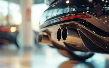 Close up of stainless steel exhaust tip muffler pipe of sports car, bokeh car showroom on background. - obrazy, fototapety, plakaty