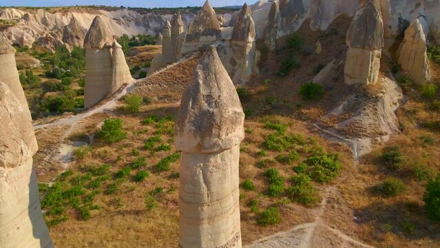 Through this drone footage embark on a journey to the enchanting Goreme National Park in Cappadocia, Turkey. Marvel at the surreal rock formations that characterize this unique landscape. These unique