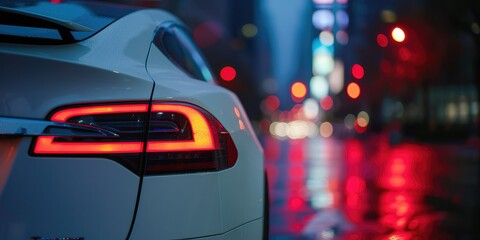 A low angle and wide angle shot of a brake light of electric car.