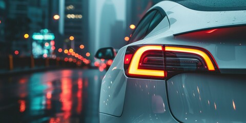 A low angle and wide angle shot of a brake light of electric car.