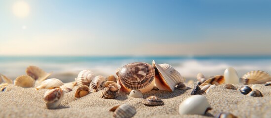 Seashells on sandy beach with palm trees and sea background