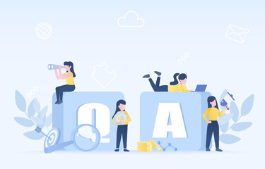FAQ, question and answer concept. Business people character searching, explore, announcement, analyzing, investigate, management. Flat vector design illustration with copy space.