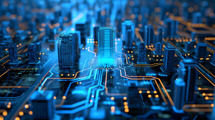 A city skyline is depicted on a circuit board.