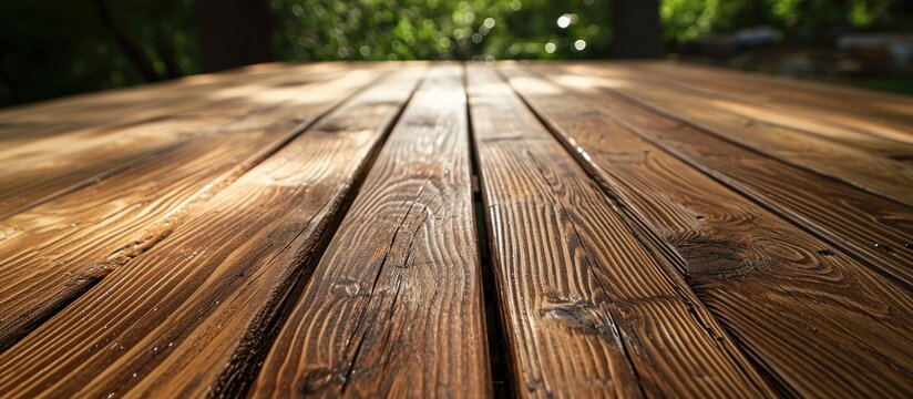Weather-exposed untreated natural lumber flooring planks of a homeowner's deck, made from wooden boards nailed together outdoors.