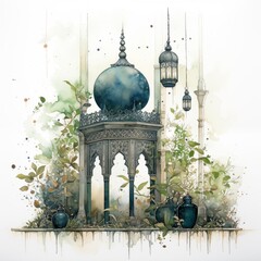 Watercolor line and wash mosque with lantern. Ramadan kareem and eid fitr concept for poster and greeting card
