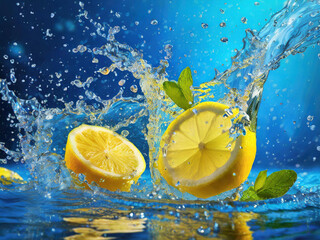 lemon fresh splash in water on blue background
