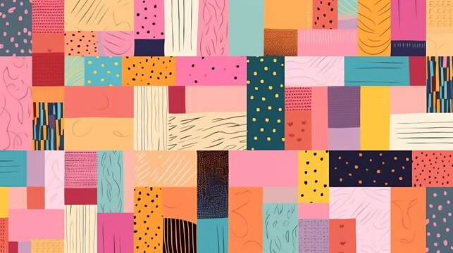 Vibrant hand-drawn patchwork cartoon seamless pattern: quirky textile background for modern designs