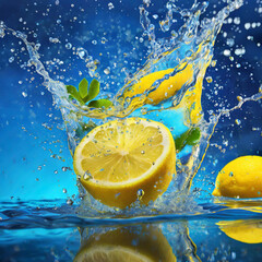 lemon fresh splash in water on blue background