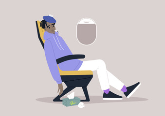 A young adult sick with flu and fever in the airplane chair, an ice bag resting on their forehead