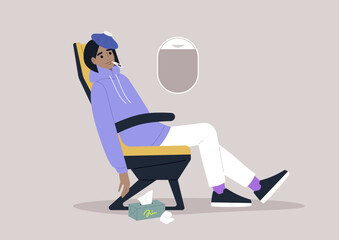 A young adult sick with flu and fever in the airplane chair, an ice bag resting on their forehead