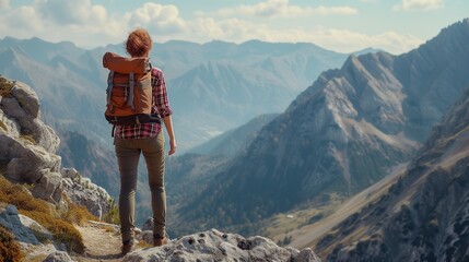A female hiker with a backpack gazes at a breathtaking mountain landscape, embodying adventure and exploration. - obrazy, fototapety, plakaty