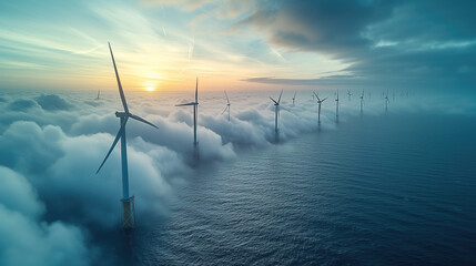 Offshore wind turbines with clouds and blue-sky Ocean with wind turbines, clean energy - obrazy, fototapety, plakaty