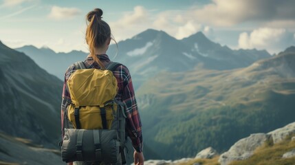 Fototapeta na wymiar A female hiker with a backpack gazes at a breathtaking mountain landscape, embodying adventure and exploration.