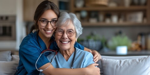 nurse hugging a patient in a nursing home Generative AI - obrazy, fototapety, plakaty