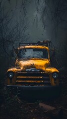 Abandoned yellow truck in the forest 