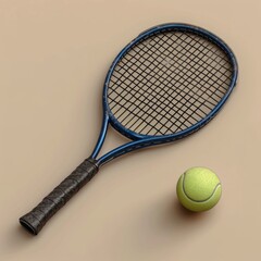 Tennis racket with black grip and ball against sandy background. Minimalist design. Flat lay.