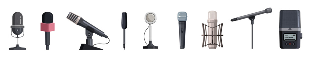 Obraz premium Microphone vector illustration. Vector cartoon set icon music mic. Set icon microphone .