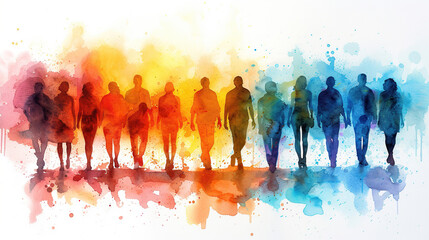 group of multicolor watercolor painted people, concept of Belonging Inclusion Diversity Equity DEIB, isolated on white background, tshirts print, cards, unity , bonding

