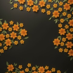 yellow and orange flowers, green leaves, on a dark background, Lifestyle, for greeting card, card, banner, poster, Flat Lay, with Copy space