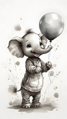 Ink wash painting, an adorable baby elephant, being lifted towards the sky by holding a balloon, illustration for kid's room.