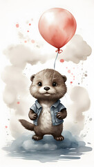 Ink wash painting, an adorable baby otter, being lifted towards the sky by holding a balloon, illustration for kid's room
