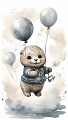 Ink wash painting, an adorable baby seals, being lifted towards the sky by holding a balloon, illustration for kid's room