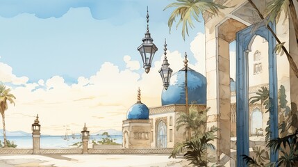Watercolor line and wash mosque with lantern. Ramadan kareem and eid fitr concept for poster and greeting card