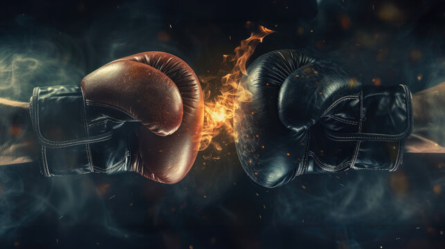 Red and black boxing gloves are locked in a fierce showdown, with sparks flying around them, set against a dark, smoky backdrop.