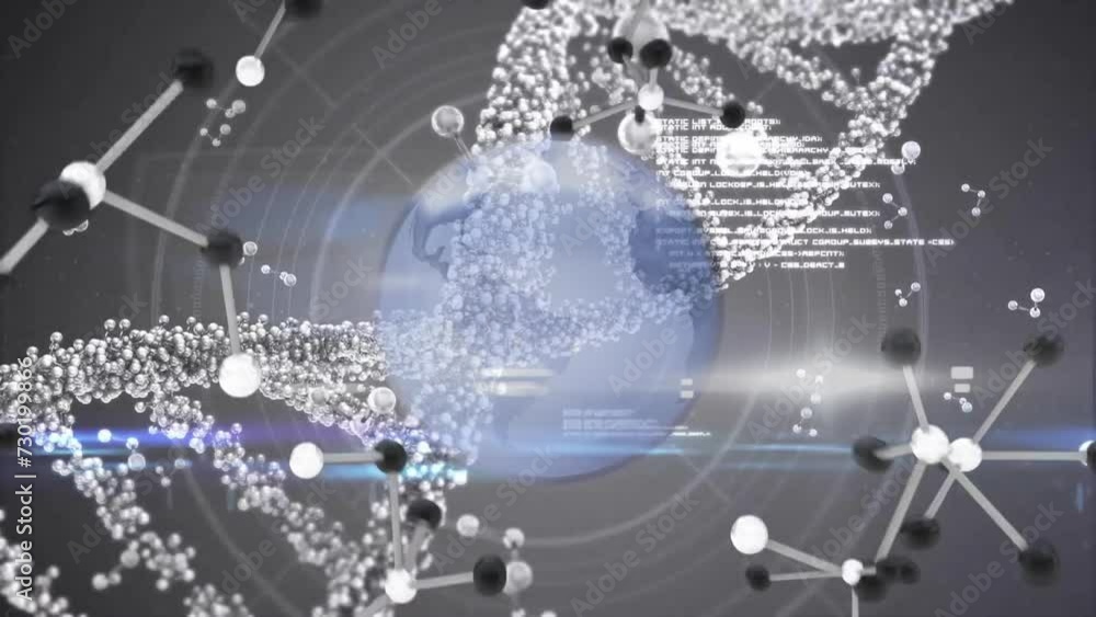 Poster animation of data processing and globe over dna strand