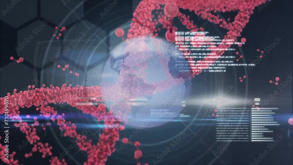 Poster animation of data processing and globe over dna strand